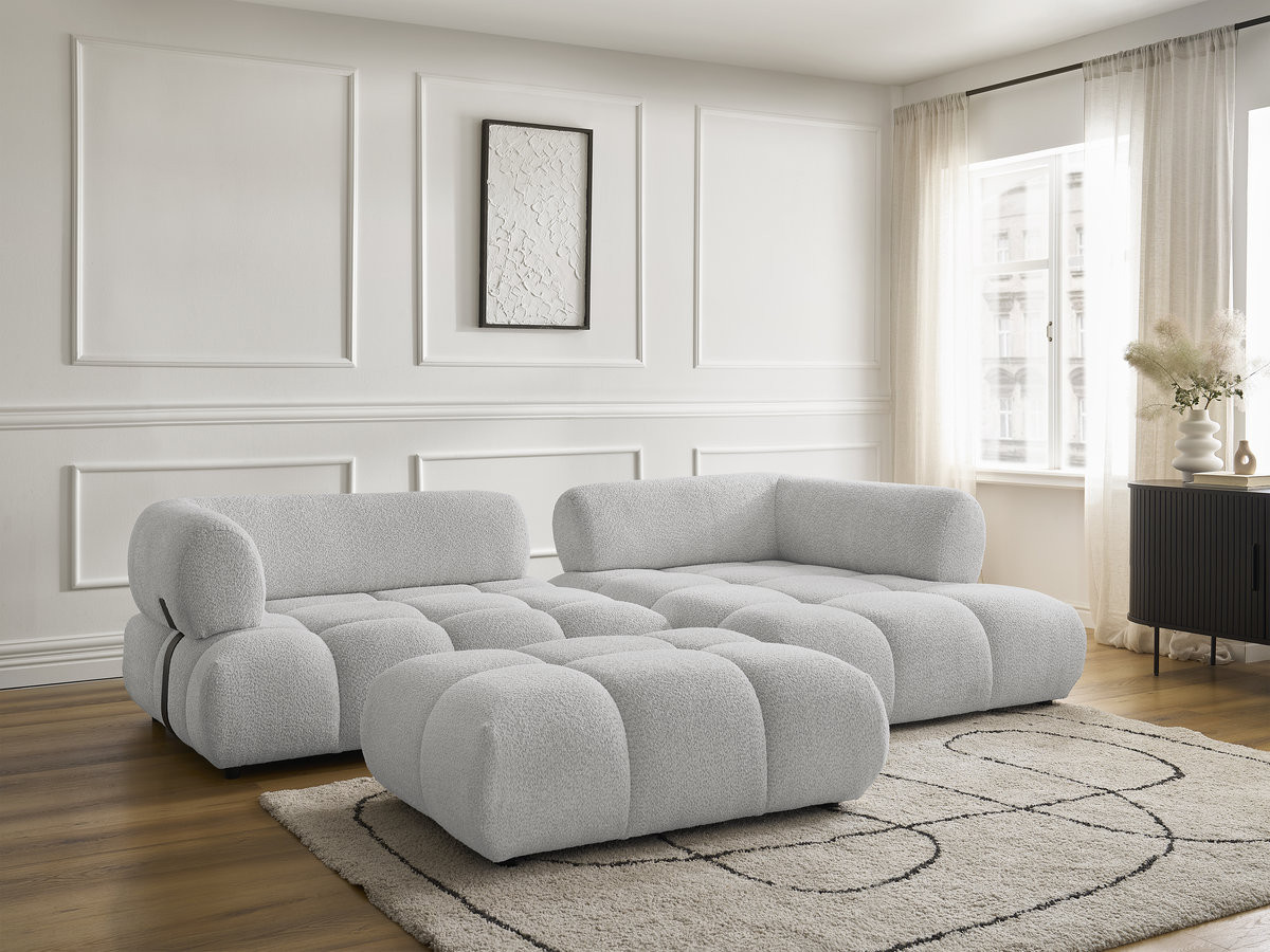 Canapé d'angle fixe ALYA tissu bouclette avec pouf