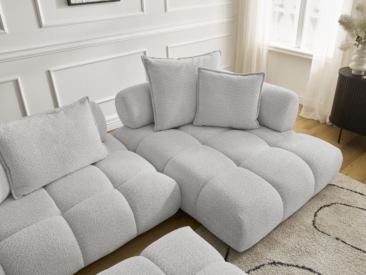 Canapé d'angle fixe ALYA tissu bouclette avec pouf