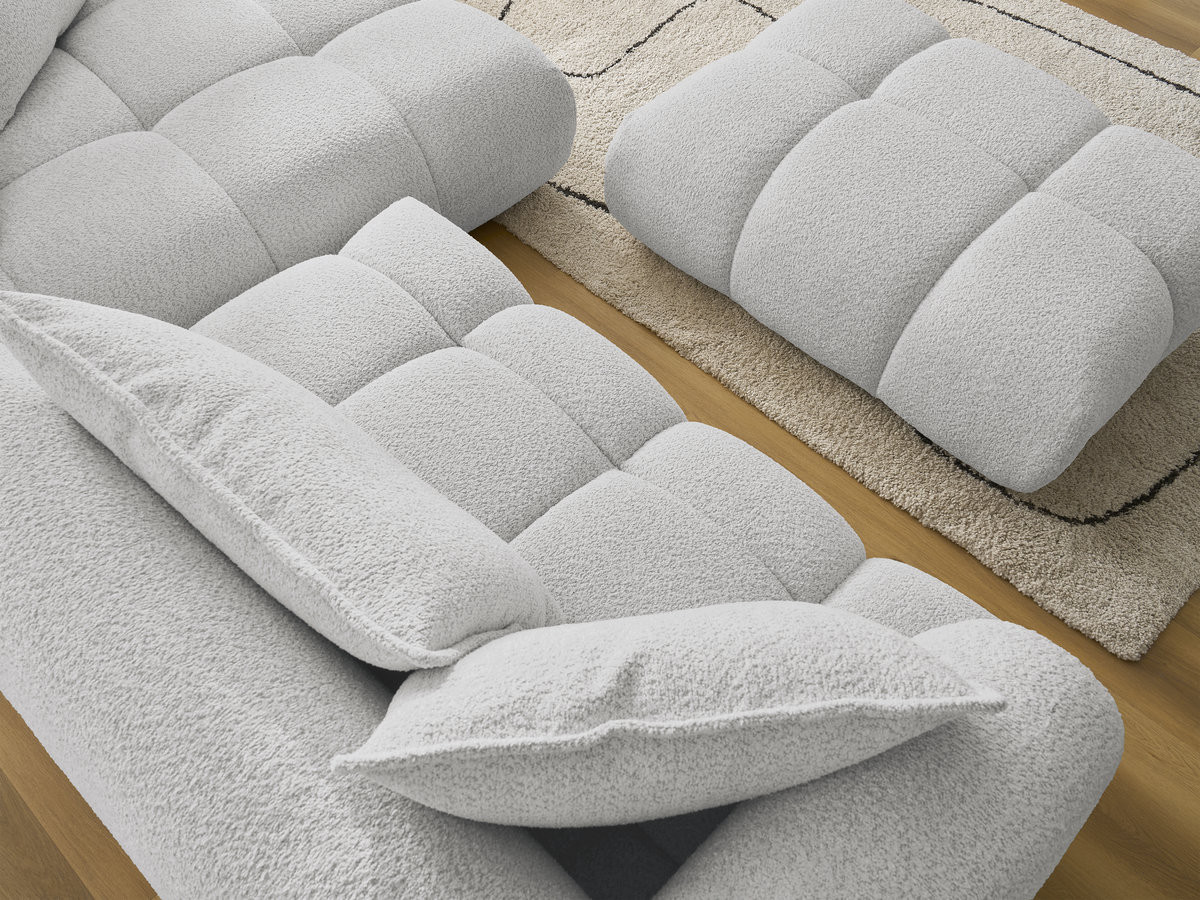Canapé d'angle fixe ALYA tissu bouclette avec pouf