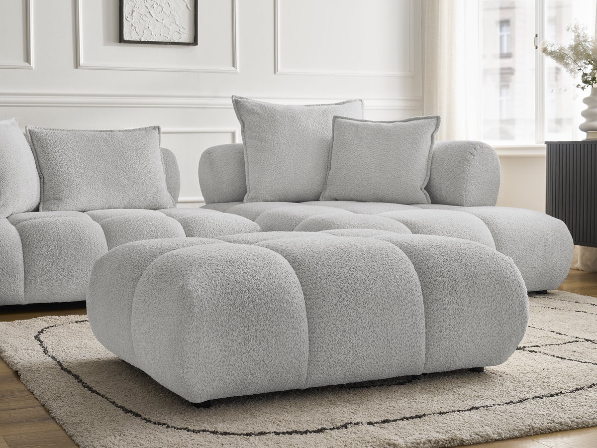 Canapé d'angle fixe ALYA tissu bouclette avec pouf