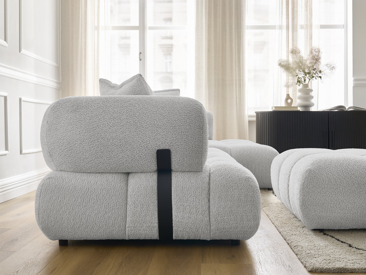 Canapé d'angle fixe ALYA tissu bouclette avec pouf