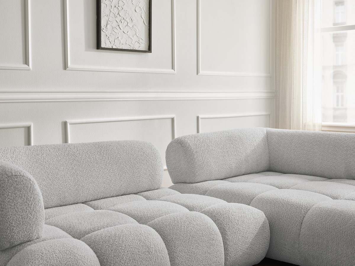 Canapé d'angle fixe ALYA tissu bouclette avec pouf