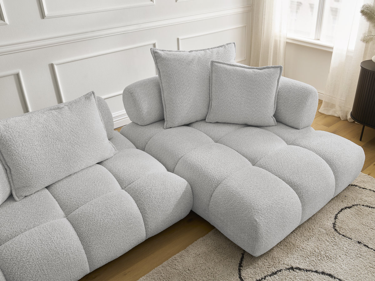 Canapé d'angle fixe ALYA tissu bouclette avec pouf