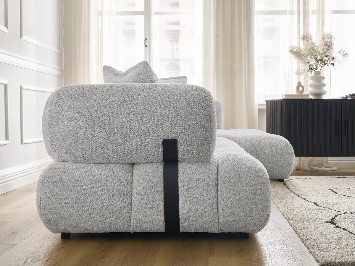 Canapé d'angle fixe ALYA tissu bouclette avec pouf