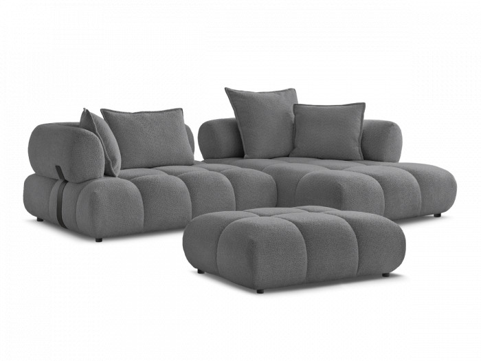 Canapé d'angle fixe ALYA tissu bouclette avec pouf