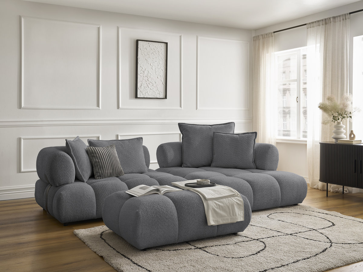 Canapé d'angle fixe ALYA tissu bouclette avec pouf