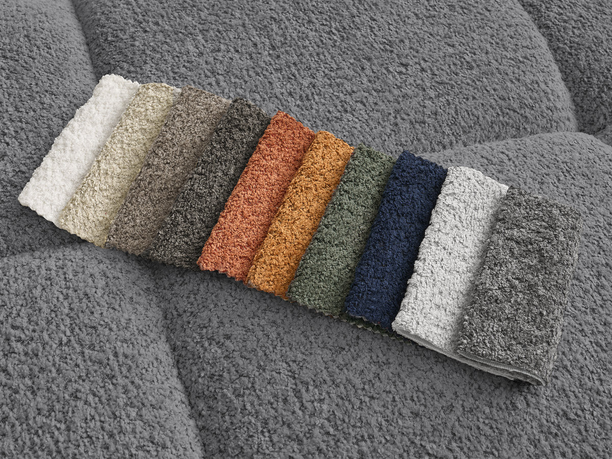 Canapé d'angle fixe ALYA tissu bouclette avec pouf
