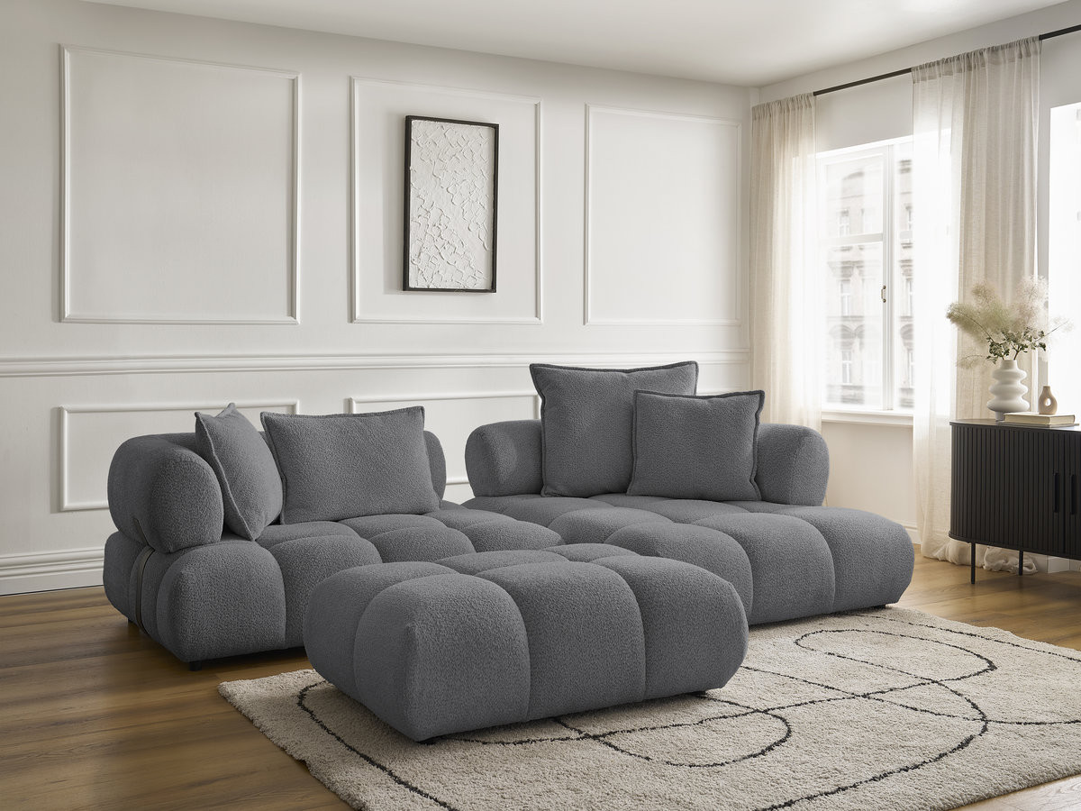 Canapé d'angle fixe ALYA tissu bouclette avec pouf