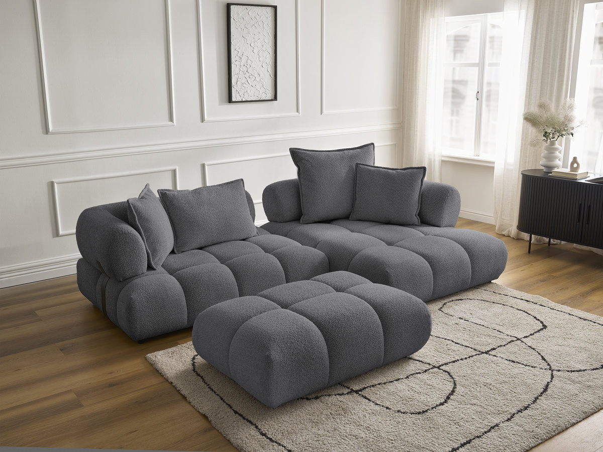 Canapé d'angle fixe ALYA tissu bouclette avec pouf