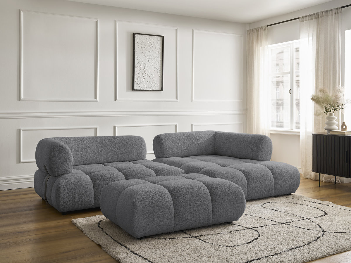Canapé d'angle fixe ALYA tissu bouclette avec pouf