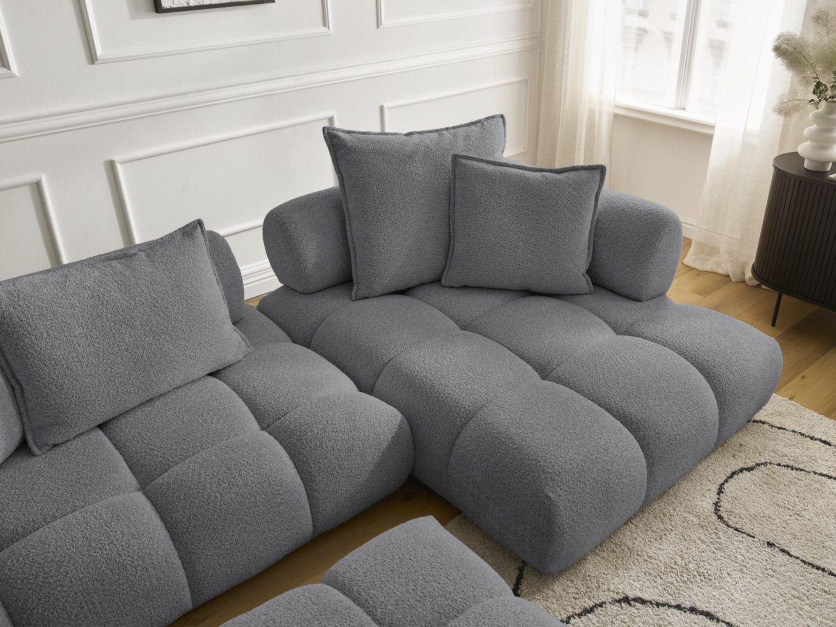 Canapé d'angle fixe ALYA tissu bouclette avec pouf