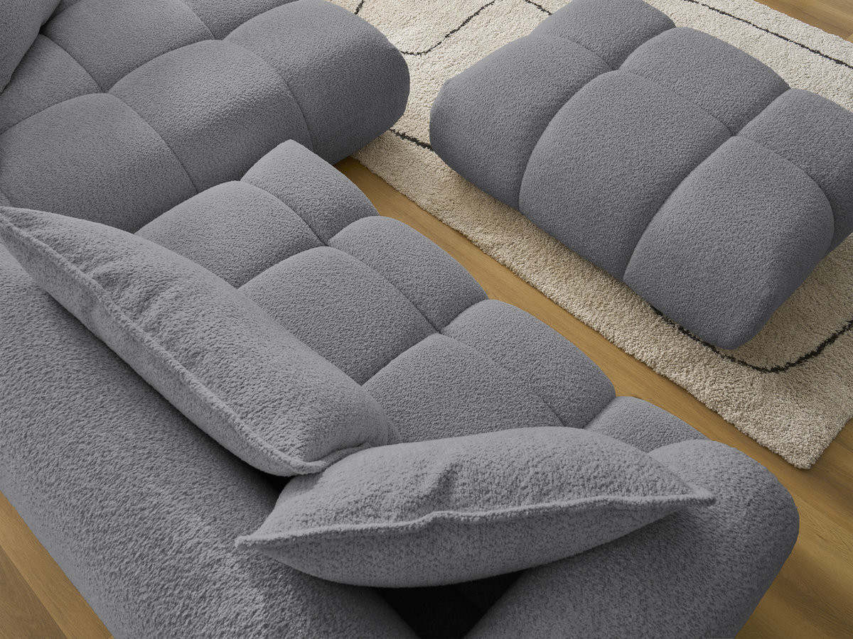 Canapé d'angle fixe ALYA tissu bouclette avec pouf