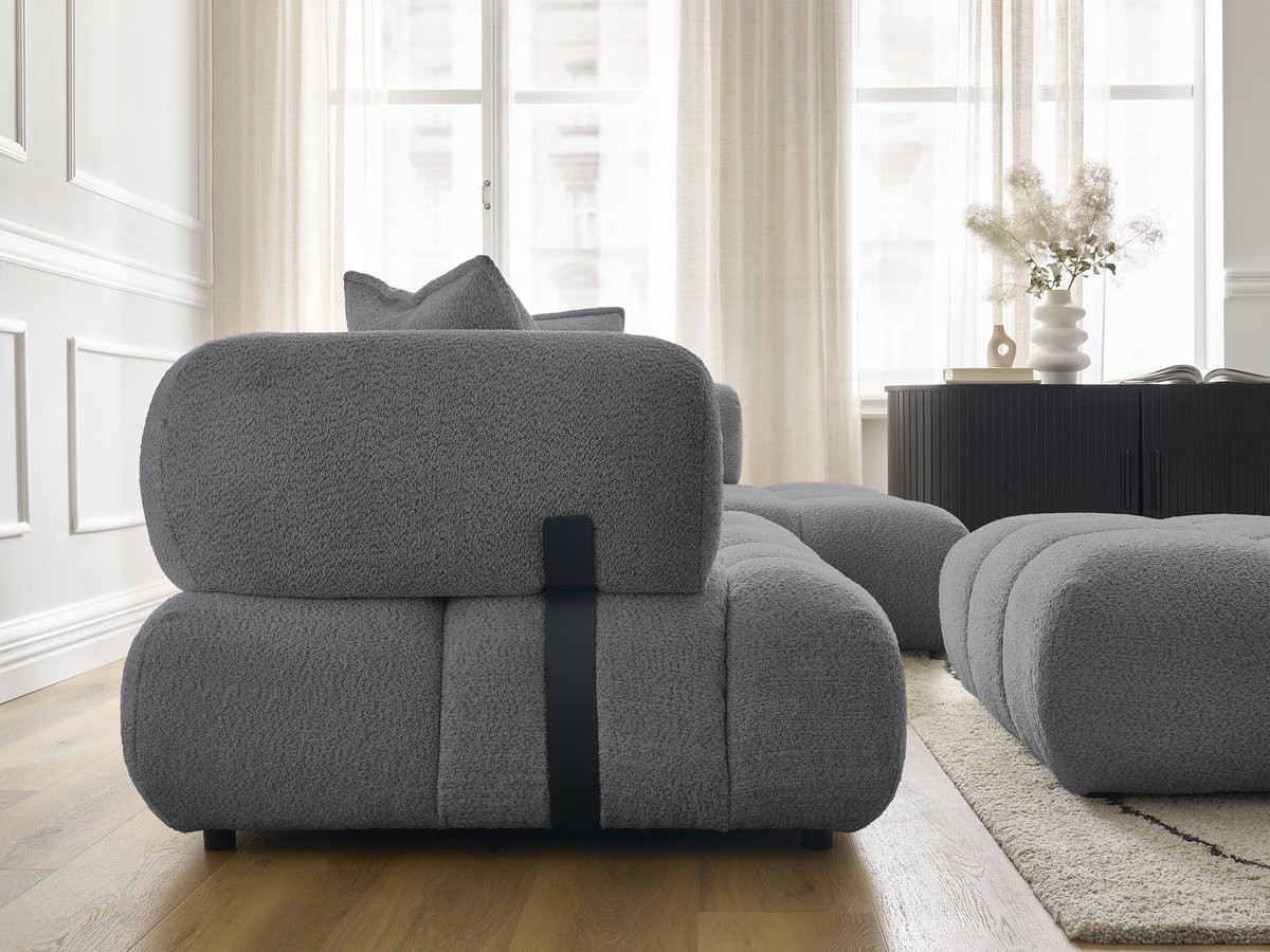 Canapé d'angle fixe ALYA tissu bouclette avec pouf
