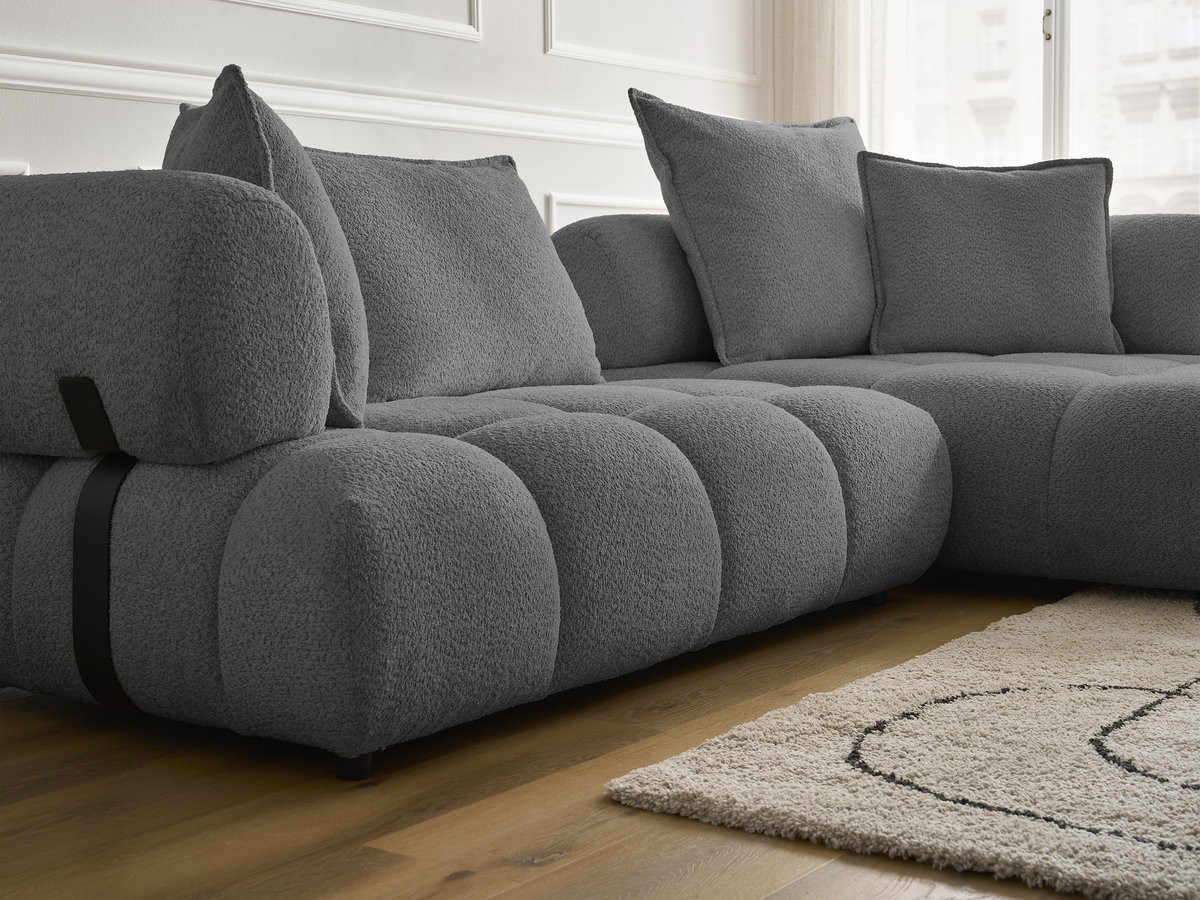 Canapé d'angle fixe ALYA tissu bouclette avec pouf