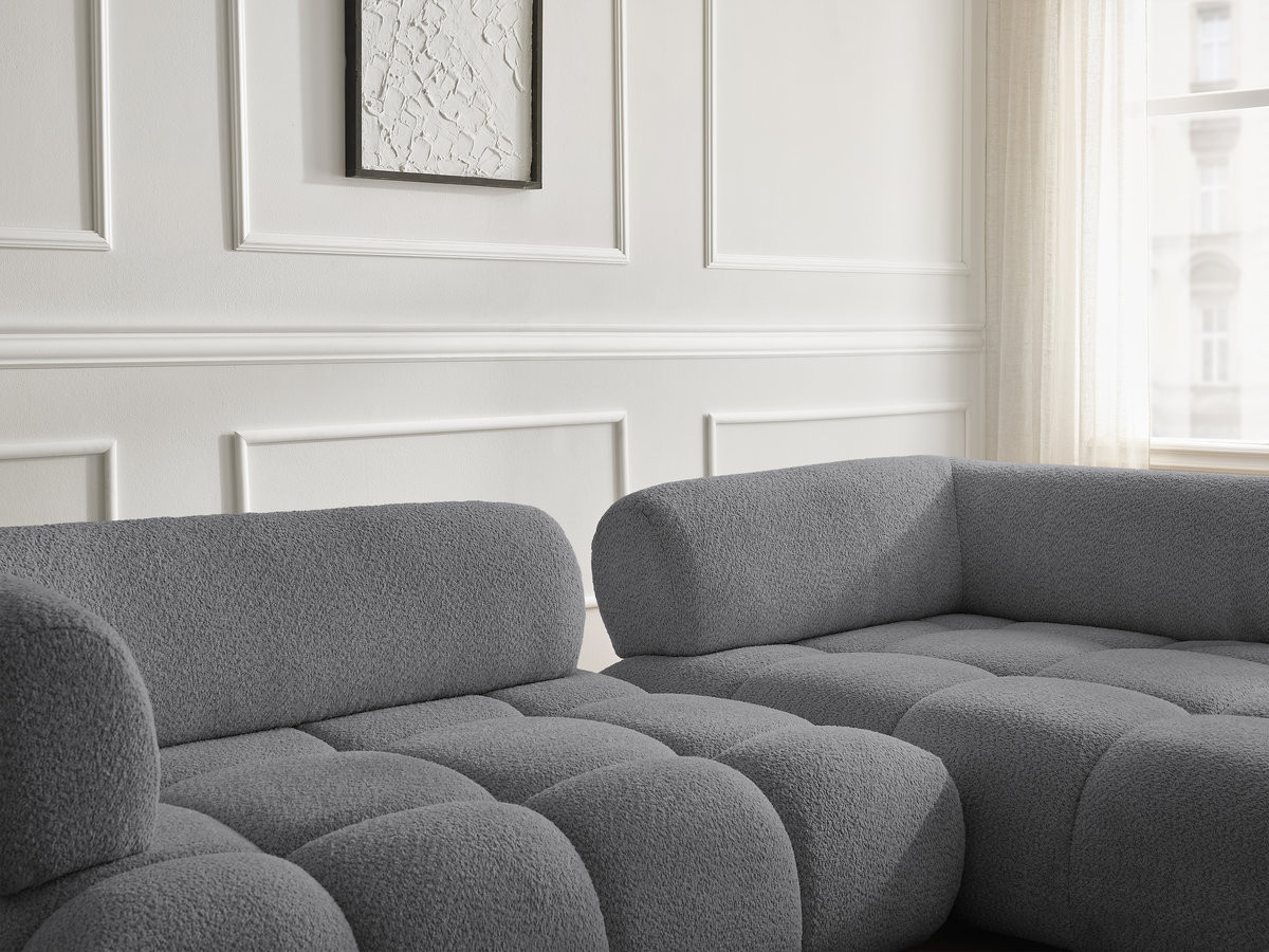 Canapé d'angle fixe ALYA tissu bouclette avec pouf