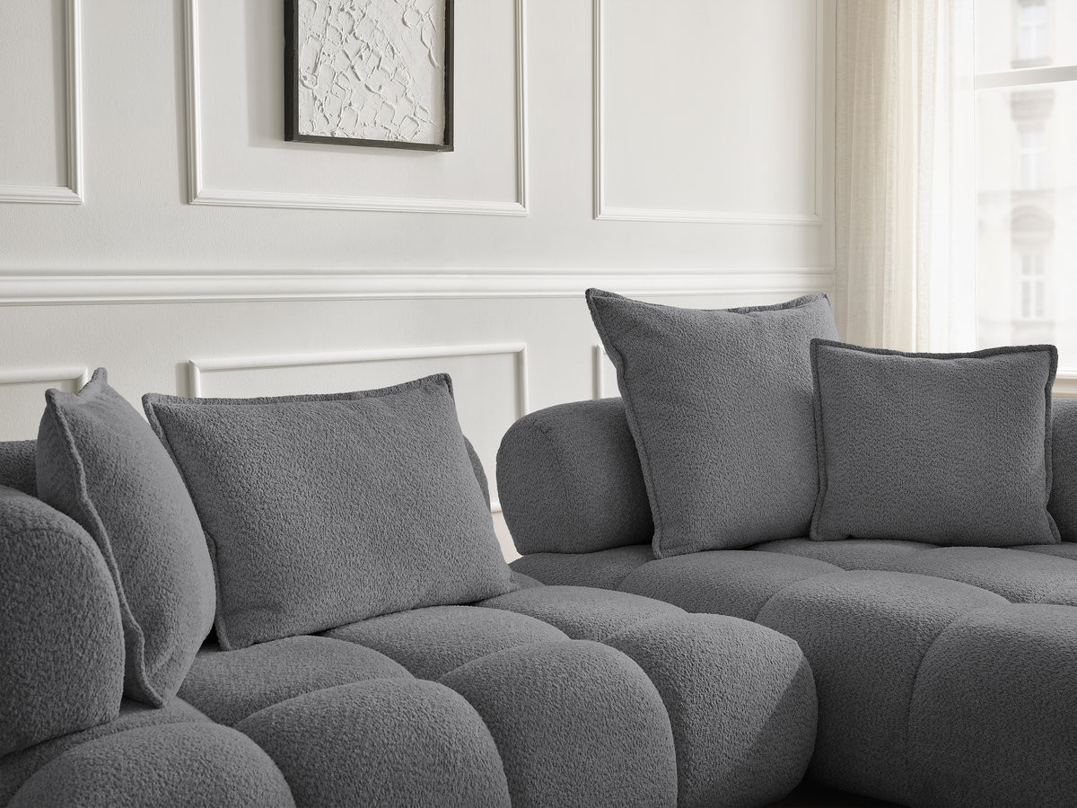 Canapé d'angle fixe ALYA tissu bouclette avec pouf