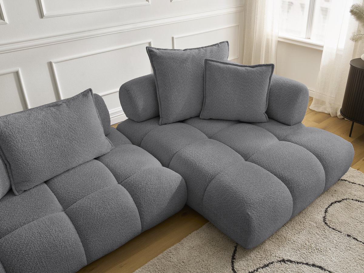 Canapé d'angle fixe ALYA tissu bouclette avec pouf