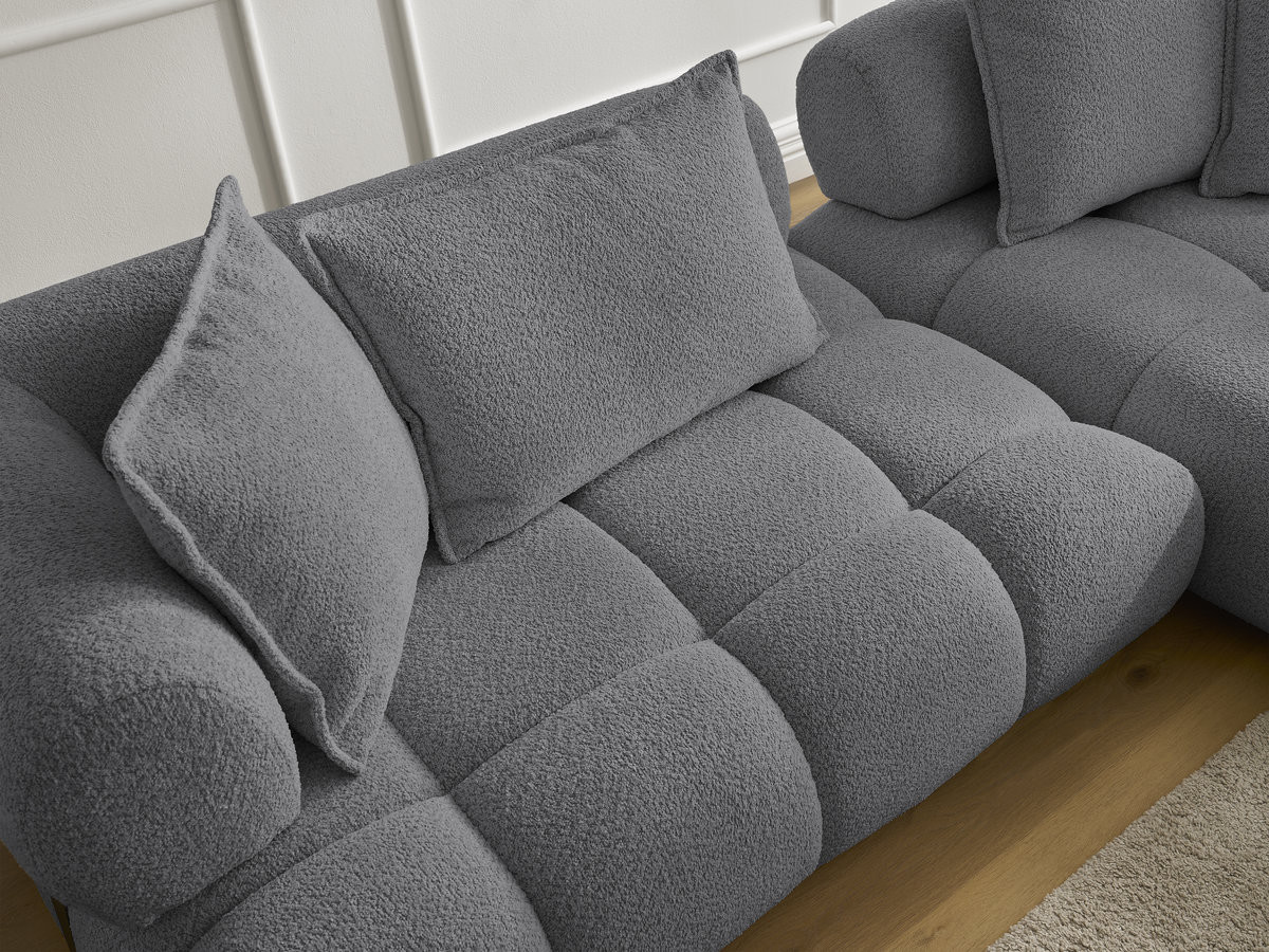 Canapé d'angle fixe ALYA tissu bouclette avec pouf