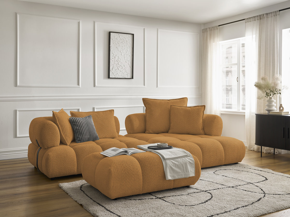 Canapé d'angle fixe ALYA tissu bouclette avec pouf
