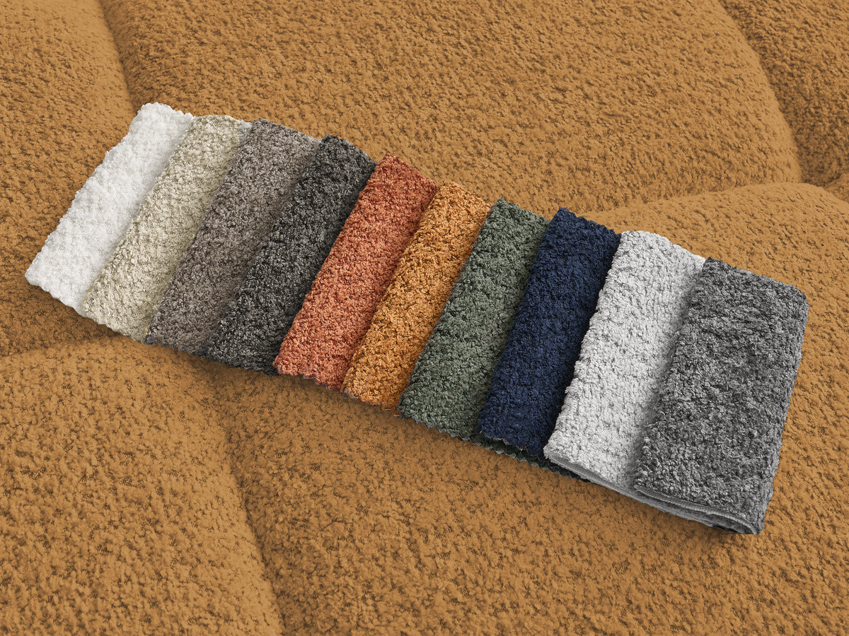 Canapé d'angle fixe ALYA tissu bouclette avec pouf