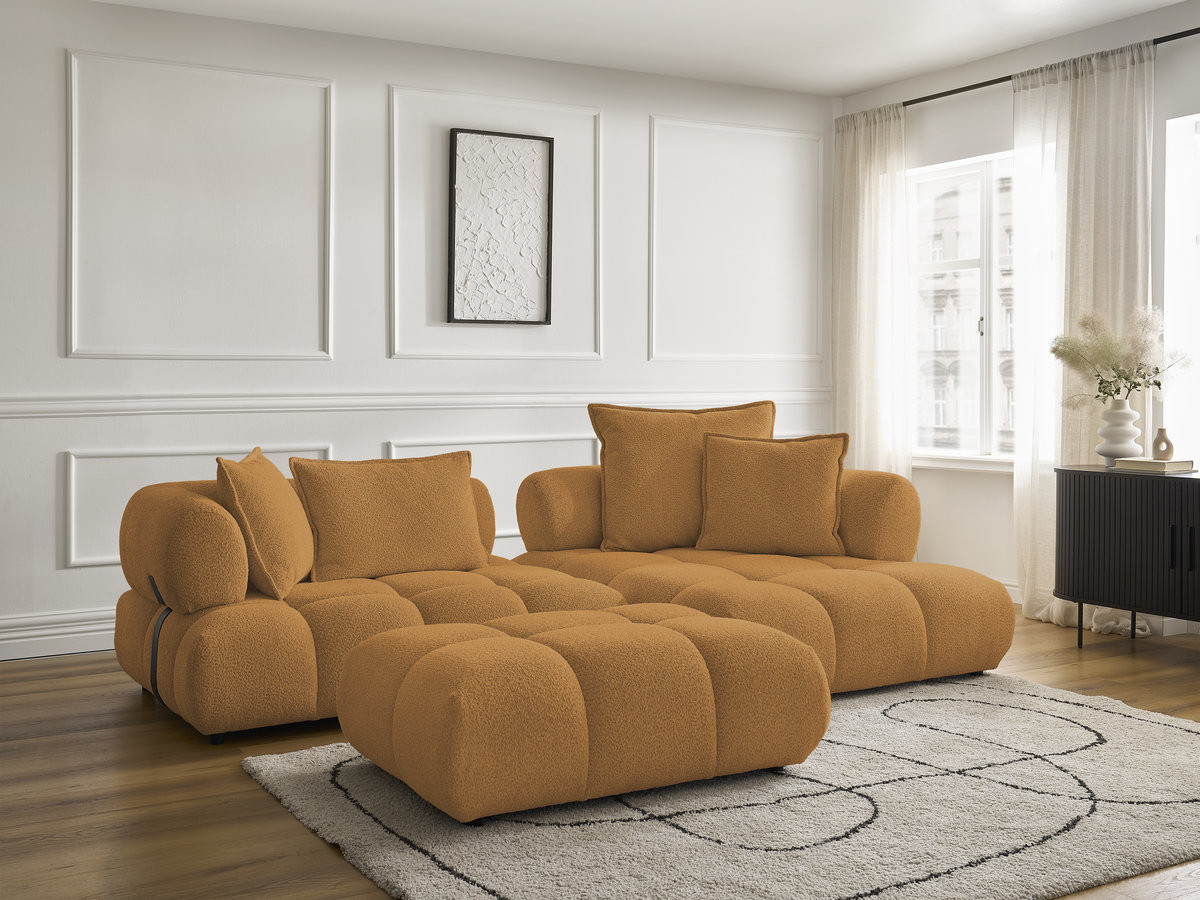 Canapé d'angle fixe ALYA tissu bouclette avec pouf