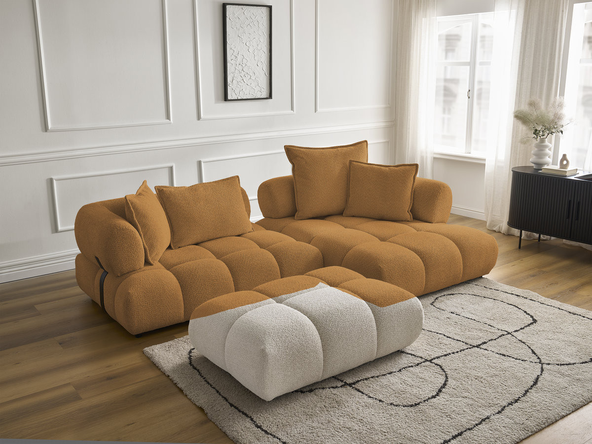 Canapé d'angle fixe ALYA tissu bouclette avec pouf