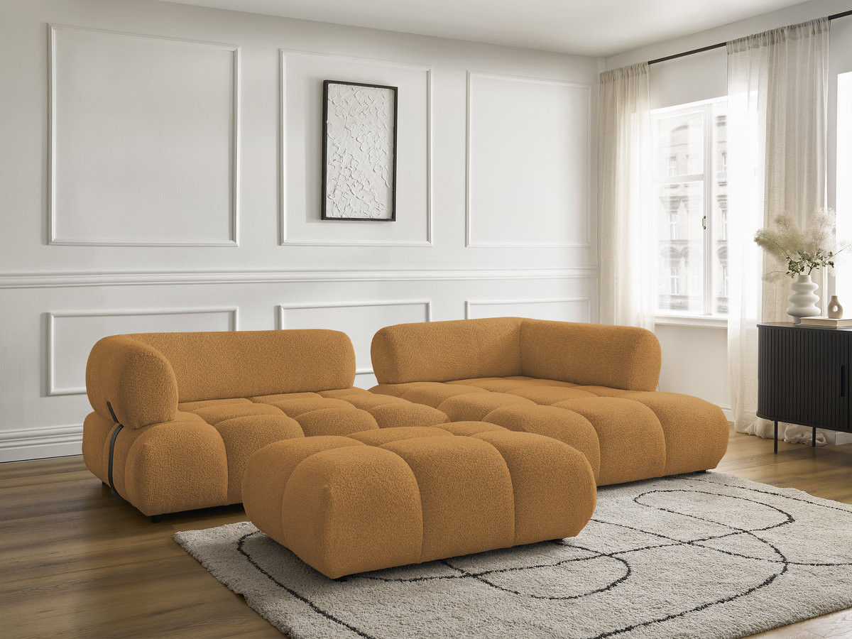 Canapé d'angle fixe ALYA tissu bouclette avec pouf
