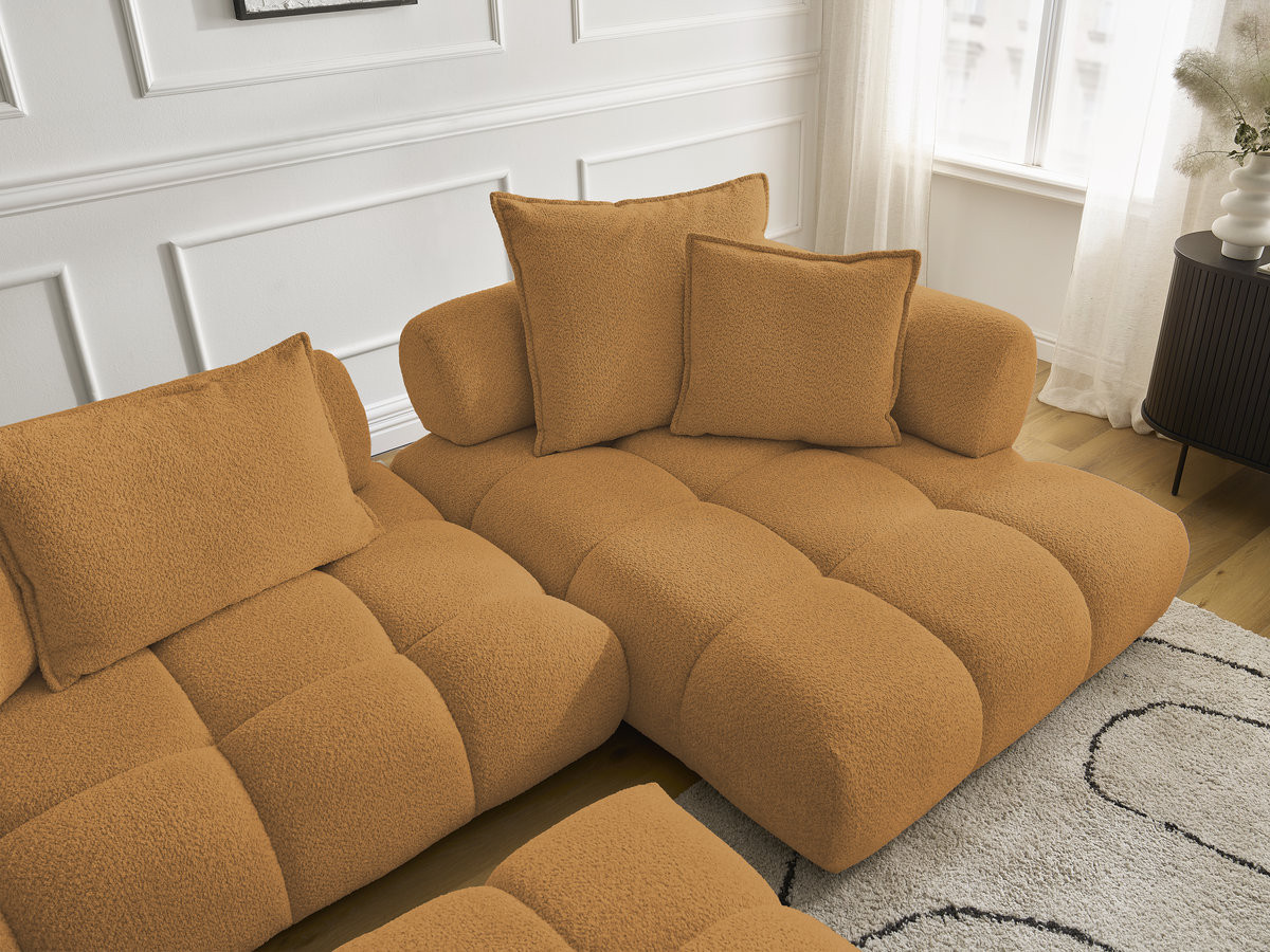Canapé d'angle fixe ALYA tissu bouclette avec pouf