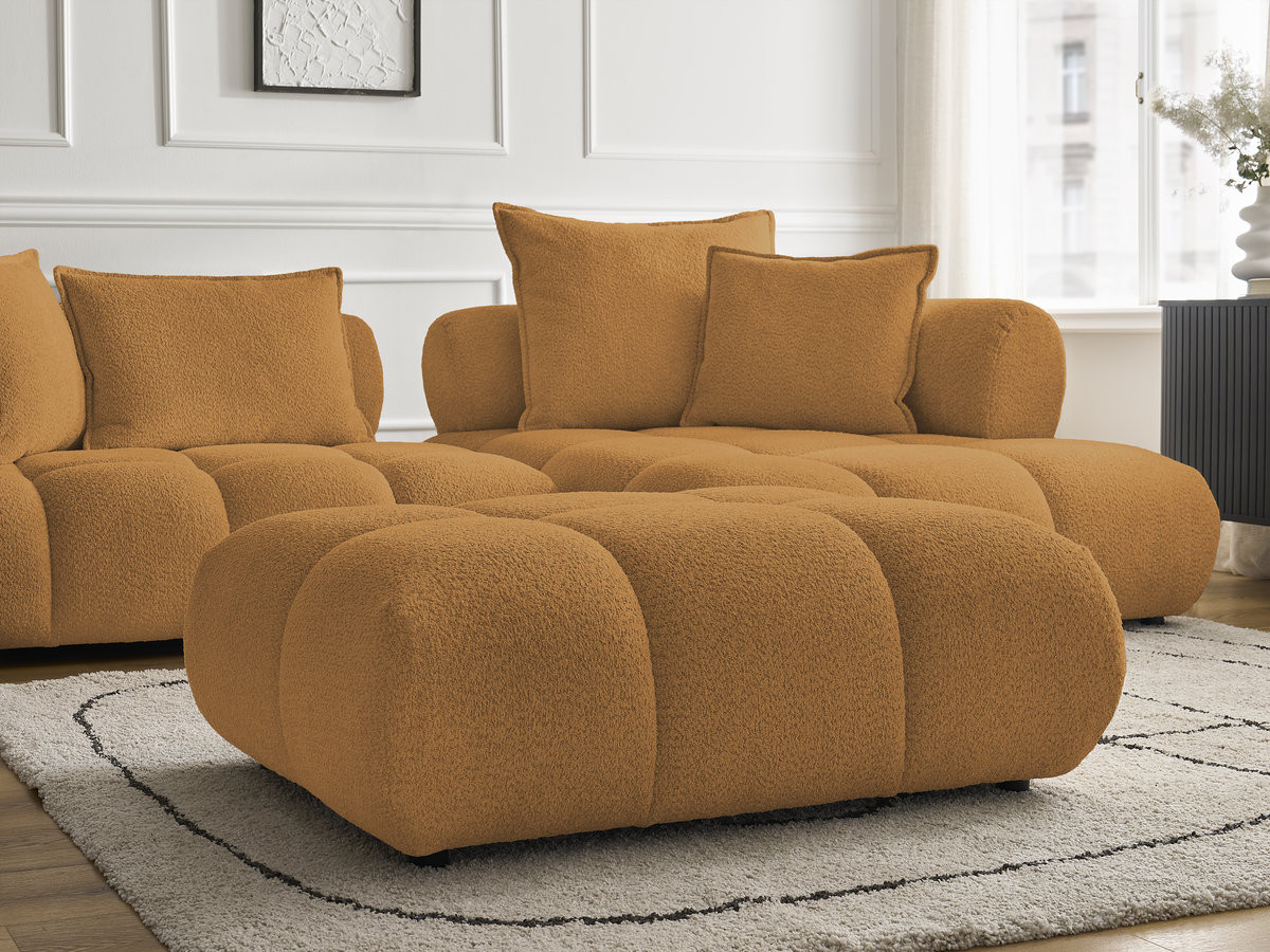 Canapé d'angle fixe ALYA tissu bouclette avec pouf