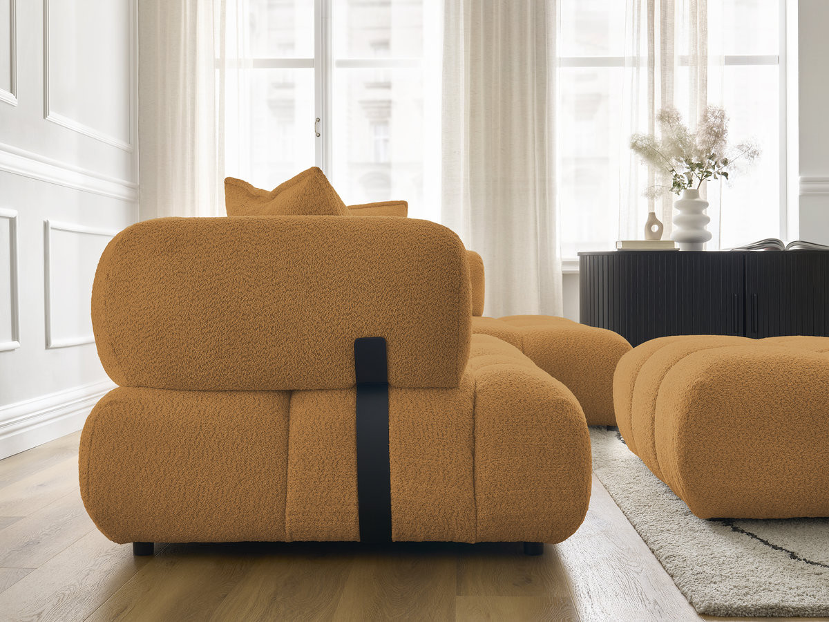 Canapé d'angle fixe ALYA tissu bouclette avec pouf