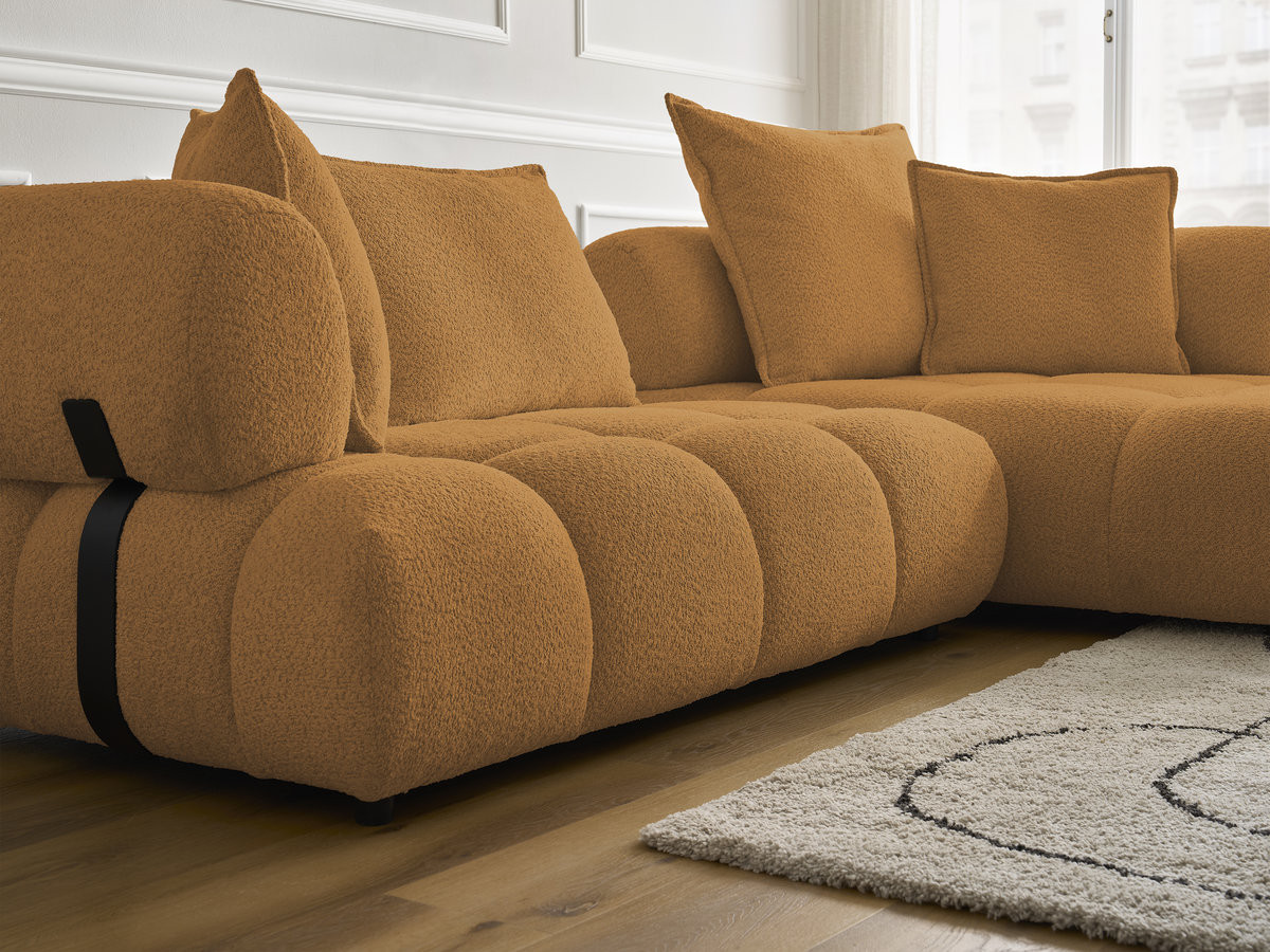 Canapé d'angle fixe ALYA tissu bouclette avec pouf