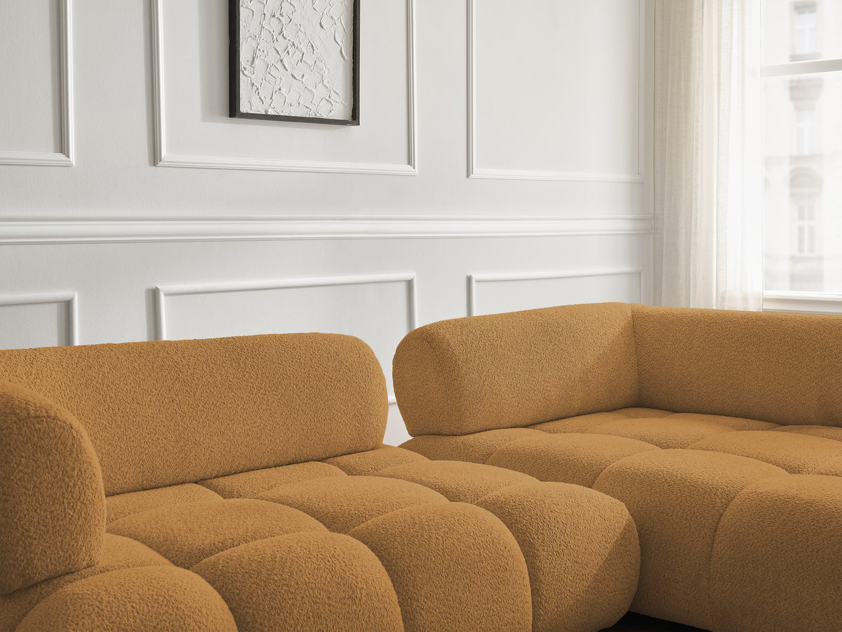Canapé d'angle fixe ALYA tissu bouclette avec pouf