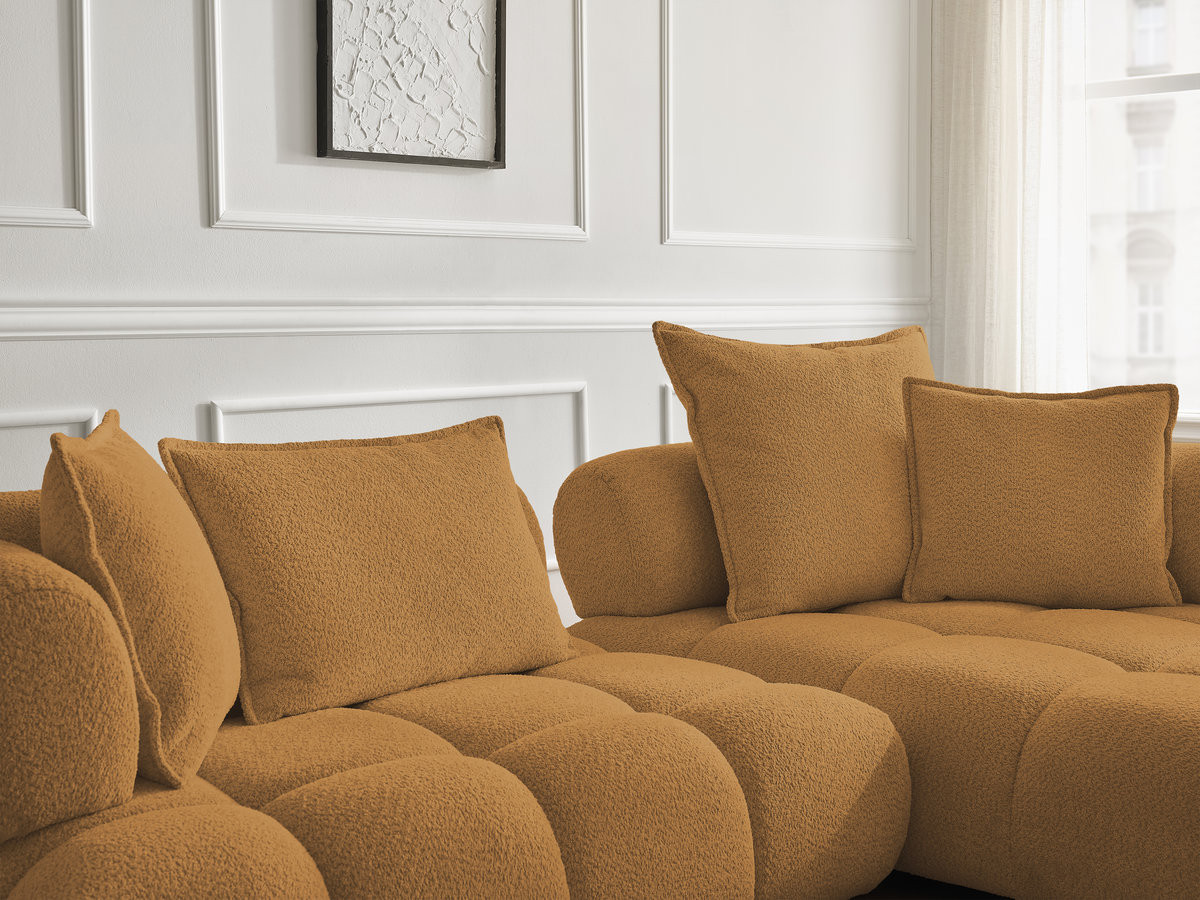 Canapé d'angle fixe ALYA tissu bouclette avec pouf