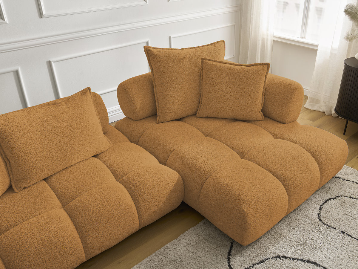 Canapé d'angle fixe ALYA tissu bouclette avec pouf