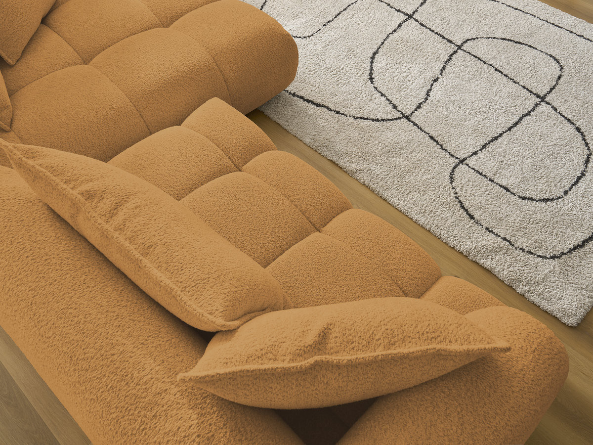 Canapé d'angle fixe ALYA tissu bouclette avec pouf