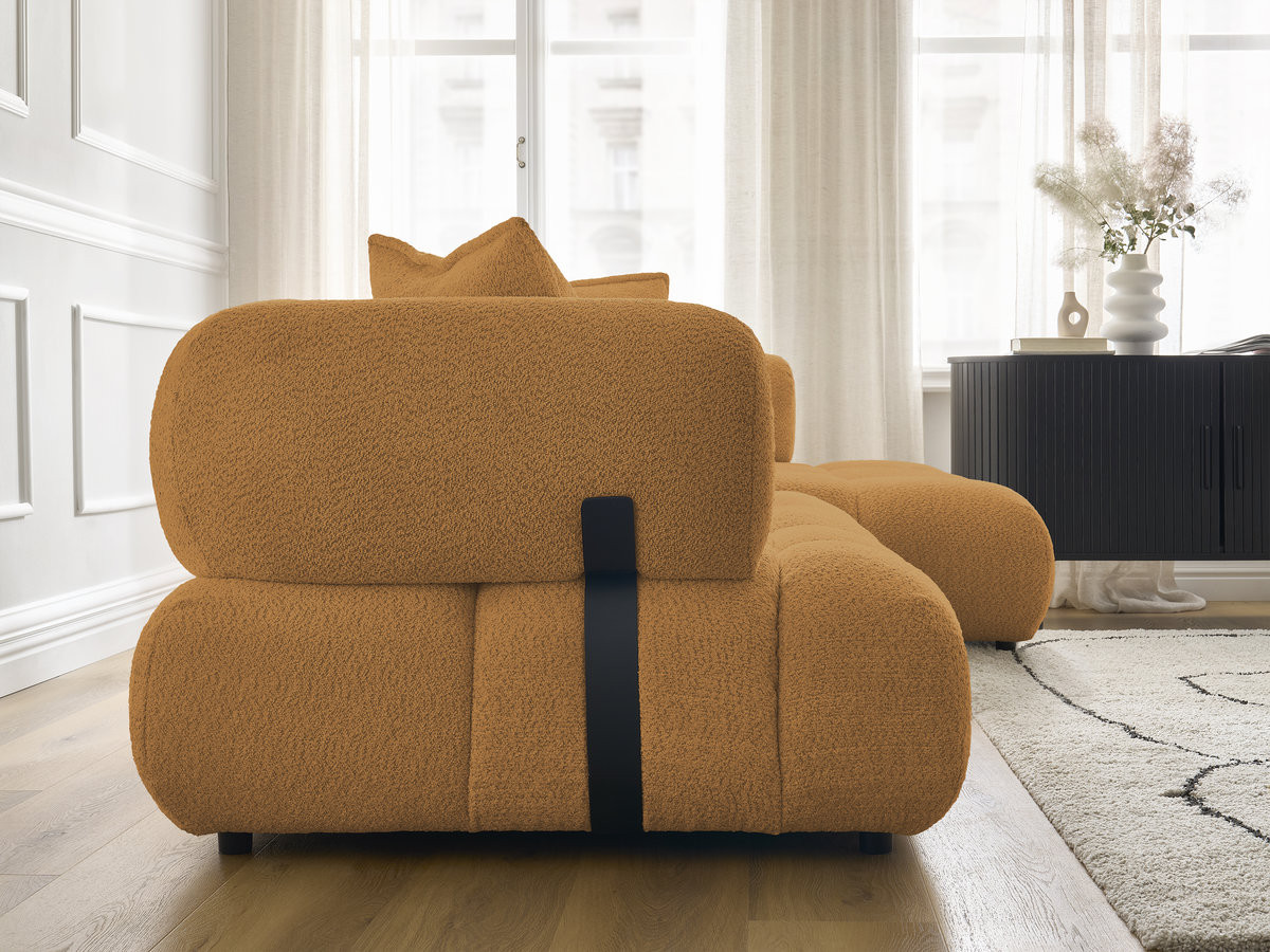 Canapé d'angle fixe ALYA tissu bouclette avec pouf
