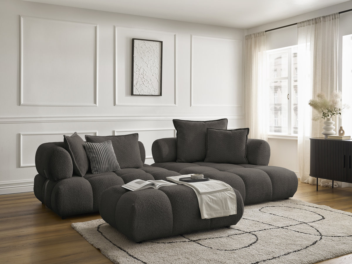 Canapé d'angle fixe ALYA tissu bouclette avec pouf