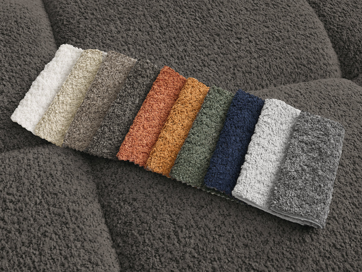 Canapé d'angle fixe ALYA tissu bouclette avec pouf