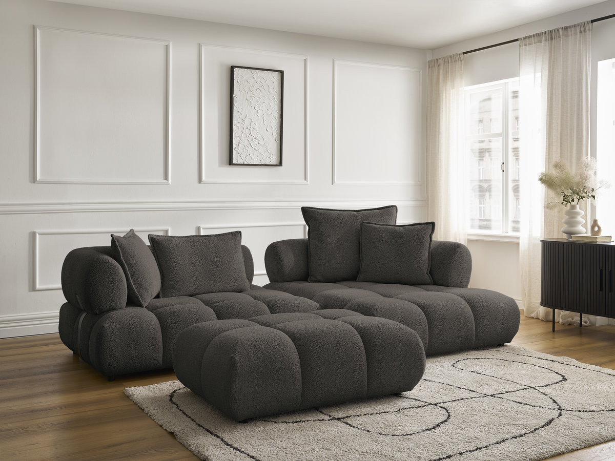 Canapé d'angle fixe ALYA tissu bouclette avec pouf