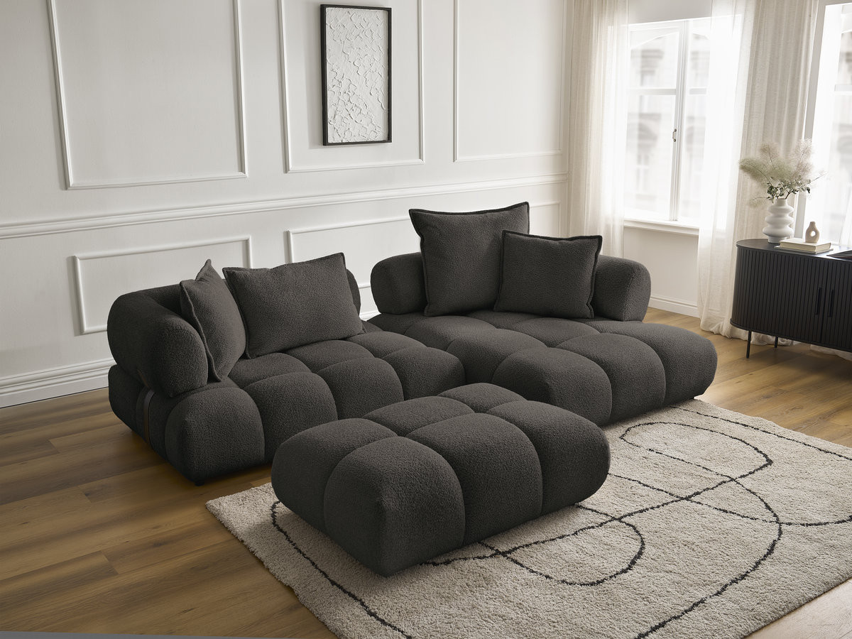 Canapé d'angle fixe ALYA tissu bouclette avec pouf