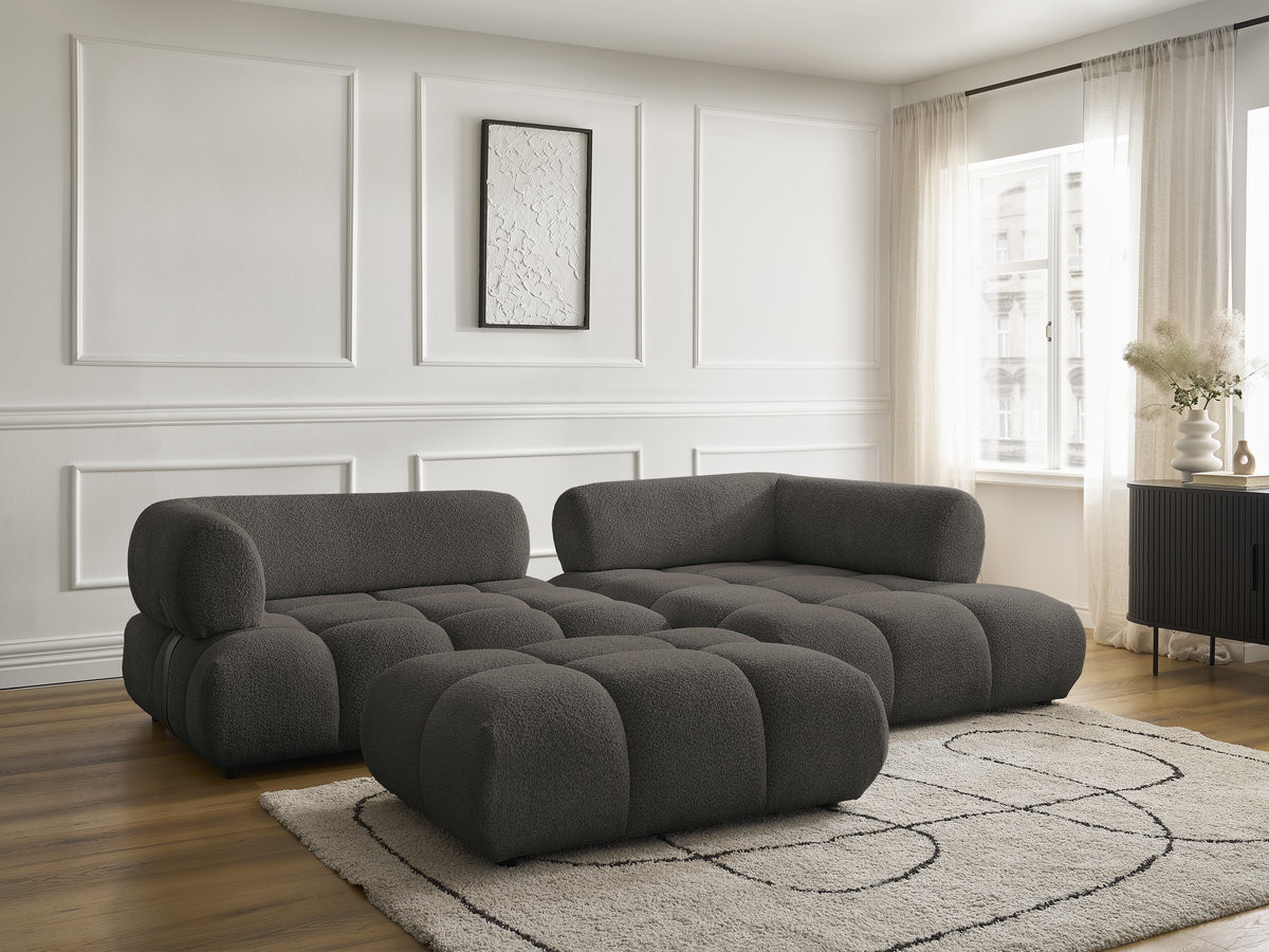 Canapé d'angle fixe ALYA tissu bouclette avec pouf