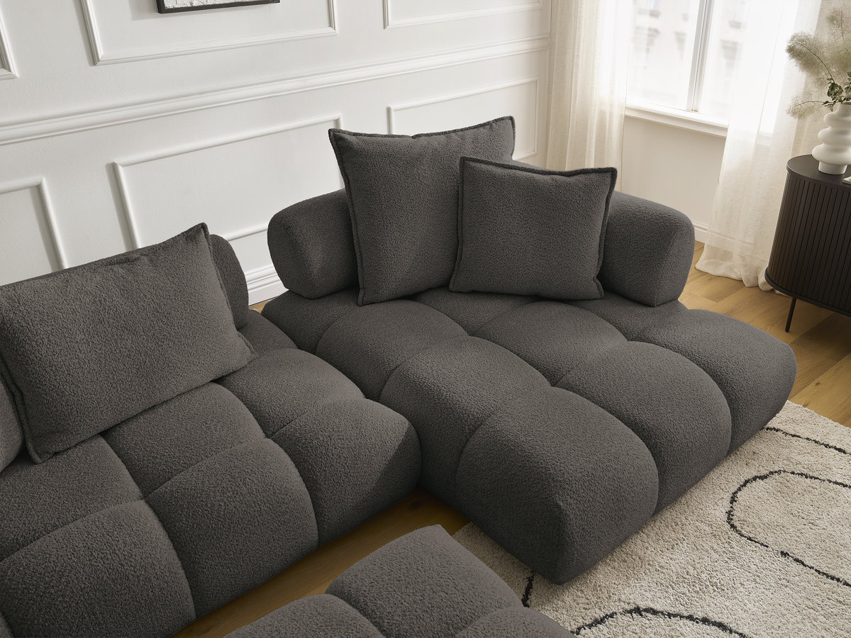 Canapé d'angle fixe ALYA tissu bouclette avec pouf