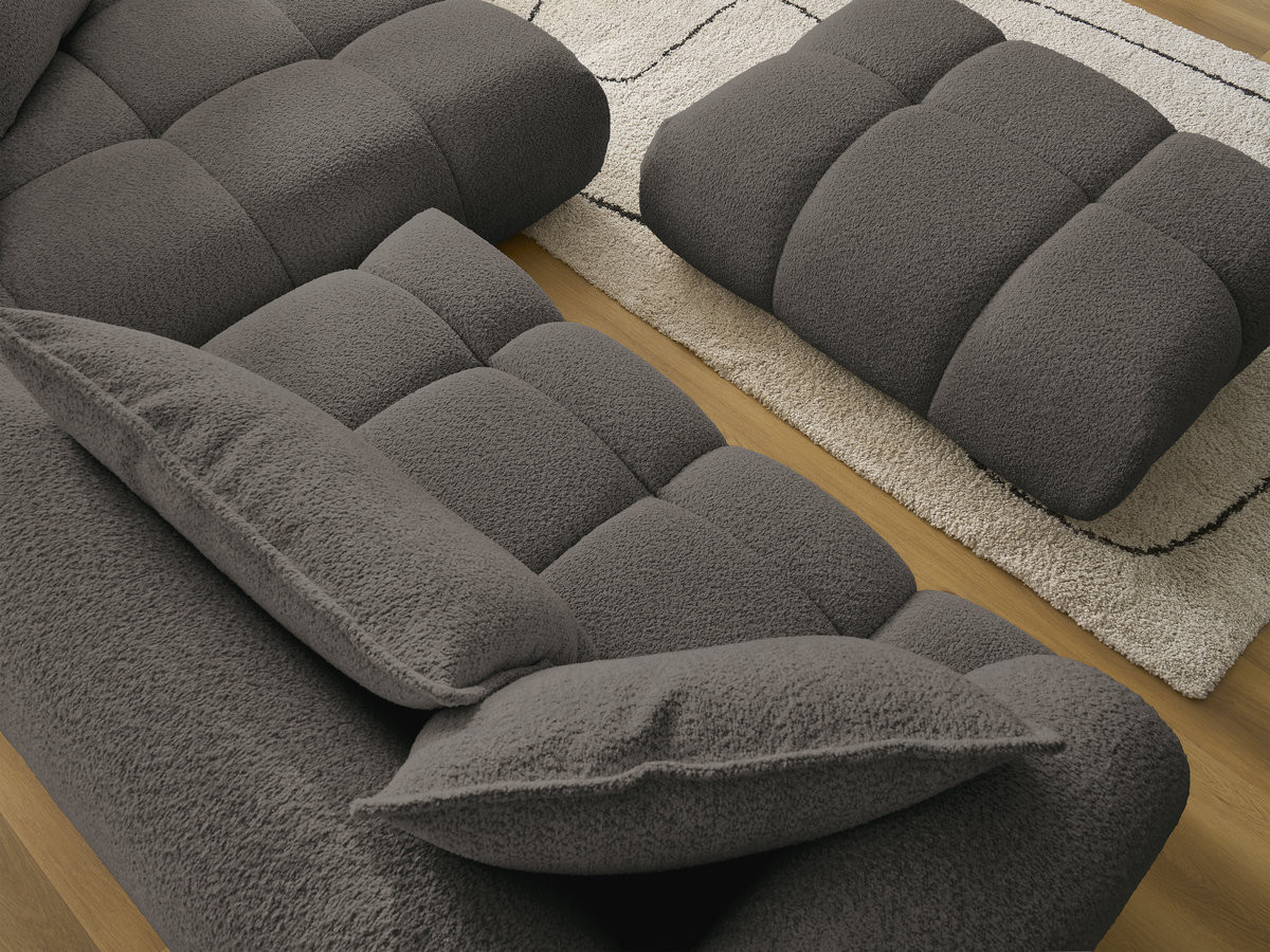 Canapé d'angle fixe ALYA tissu bouclette avec pouf