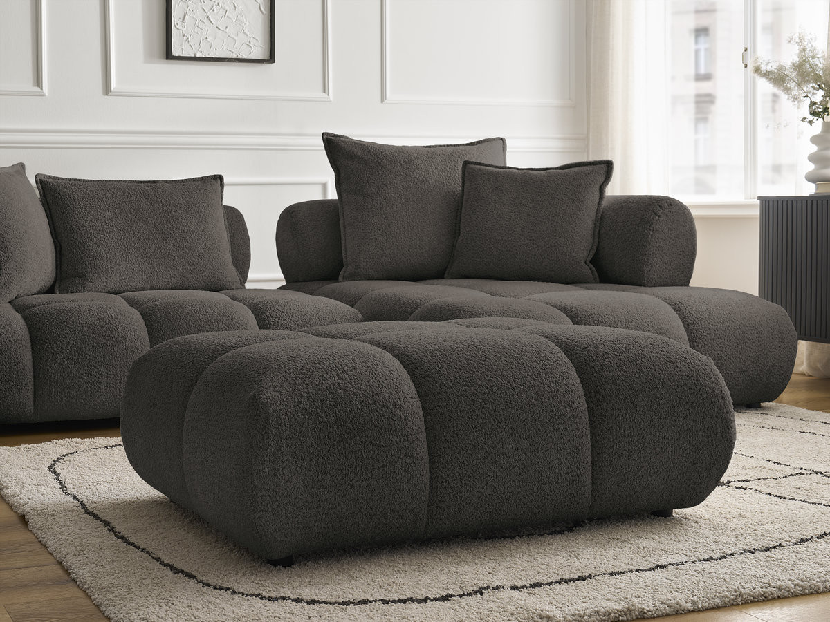 Canapé d'angle fixe ALYA tissu bouclette avec pouf