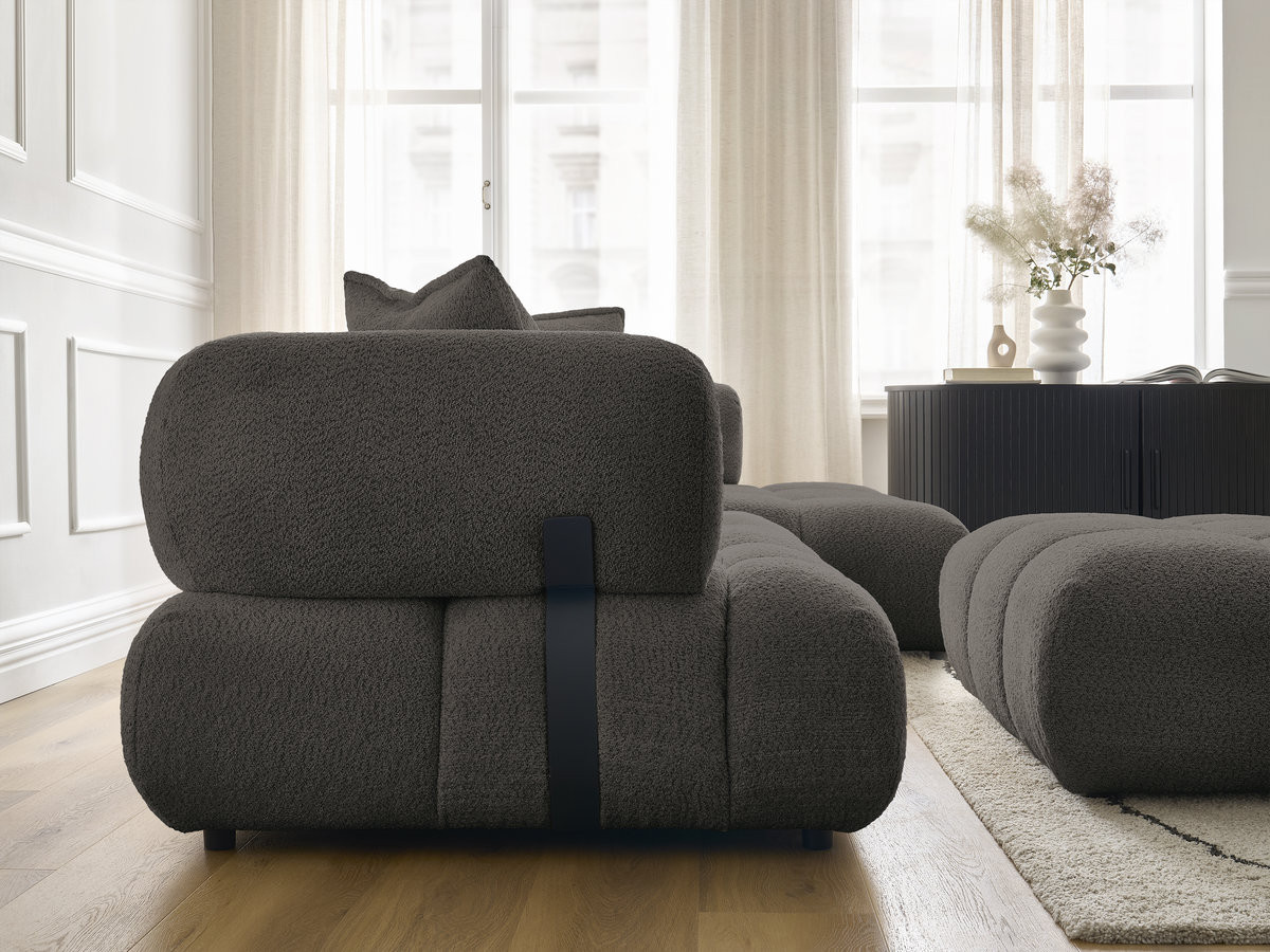 Canapé d'angle fixe ALYA tissu bouclette avec pouf