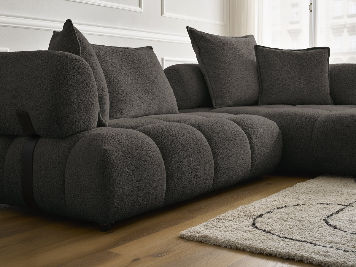 Canapé d'angle fixe ALYA tissu bouclette avec pouf