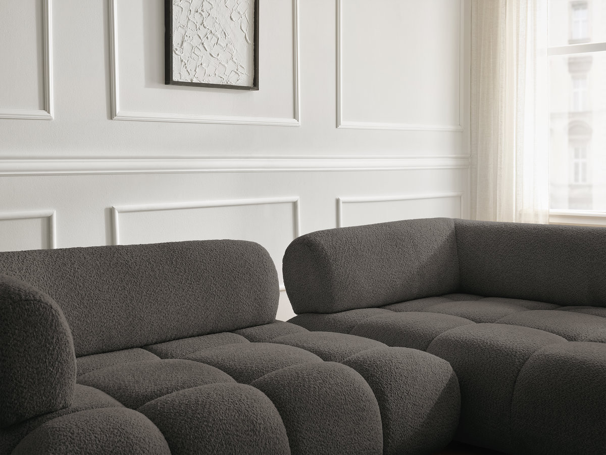 Canapé d'angle fixe ALYA tissu bouclette avec pouf