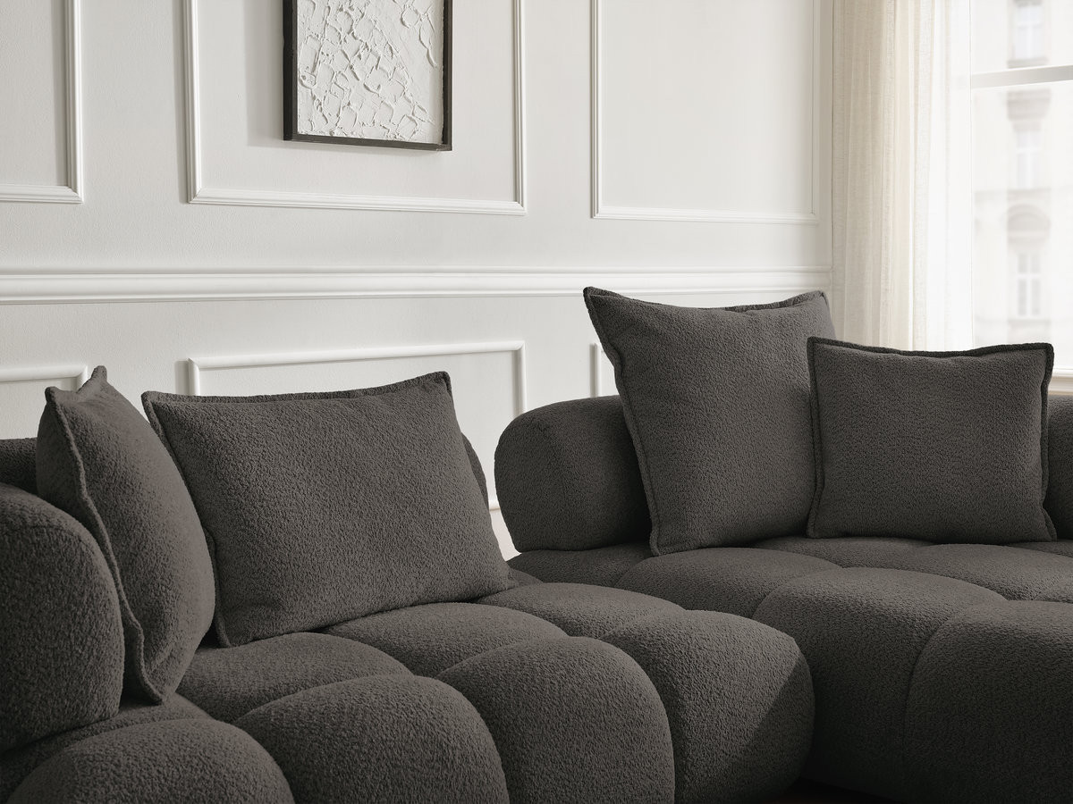 Canapé d'angle fixe ALYA tissu bouclette avec pouf
