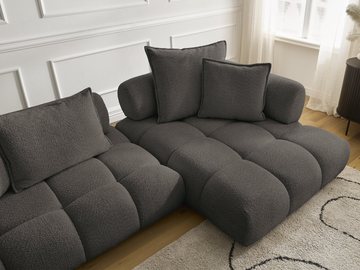Canapé d'angle fixe ALYA tissu bouclette avec pouf