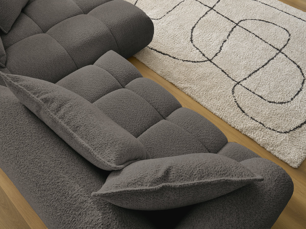 Canapé d'angle fixe ALYA tissu bouclette avec pouf